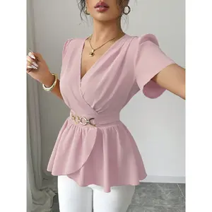 French Cross V Neck Waist Cinch Ruffle Hem Shirt, Metal Button Belt Bubble Sleeve Slimming Chiffon Top, Elegant Chic Women's Fashion Blouse