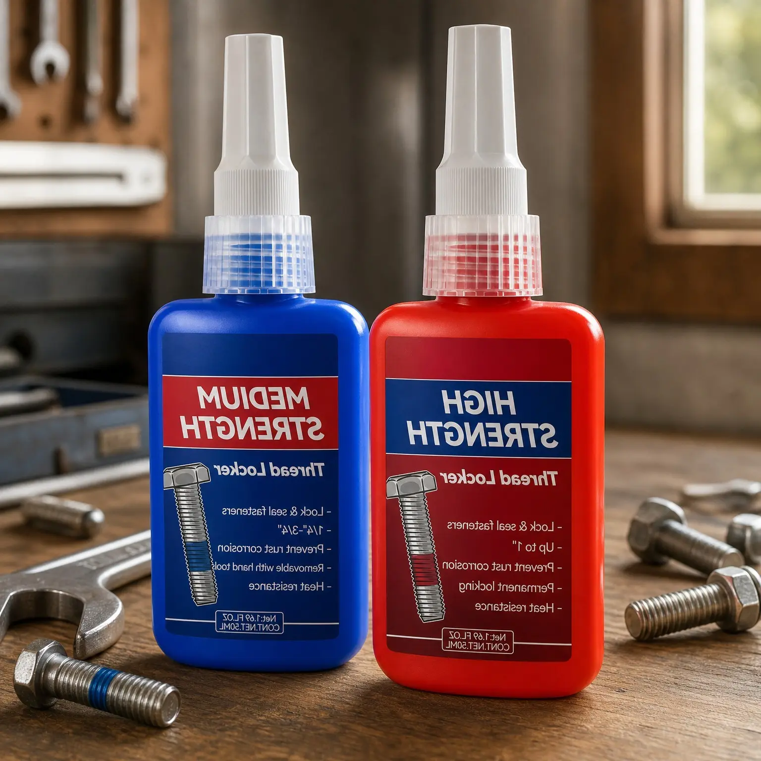 Blue & Red Threadlocker, Removable & Permanent Thread Lock for Nuts, Bolts, Fasteners and Metals, Prevents Loosening & Leakage (Medium 50ml + High 50ml)Gift