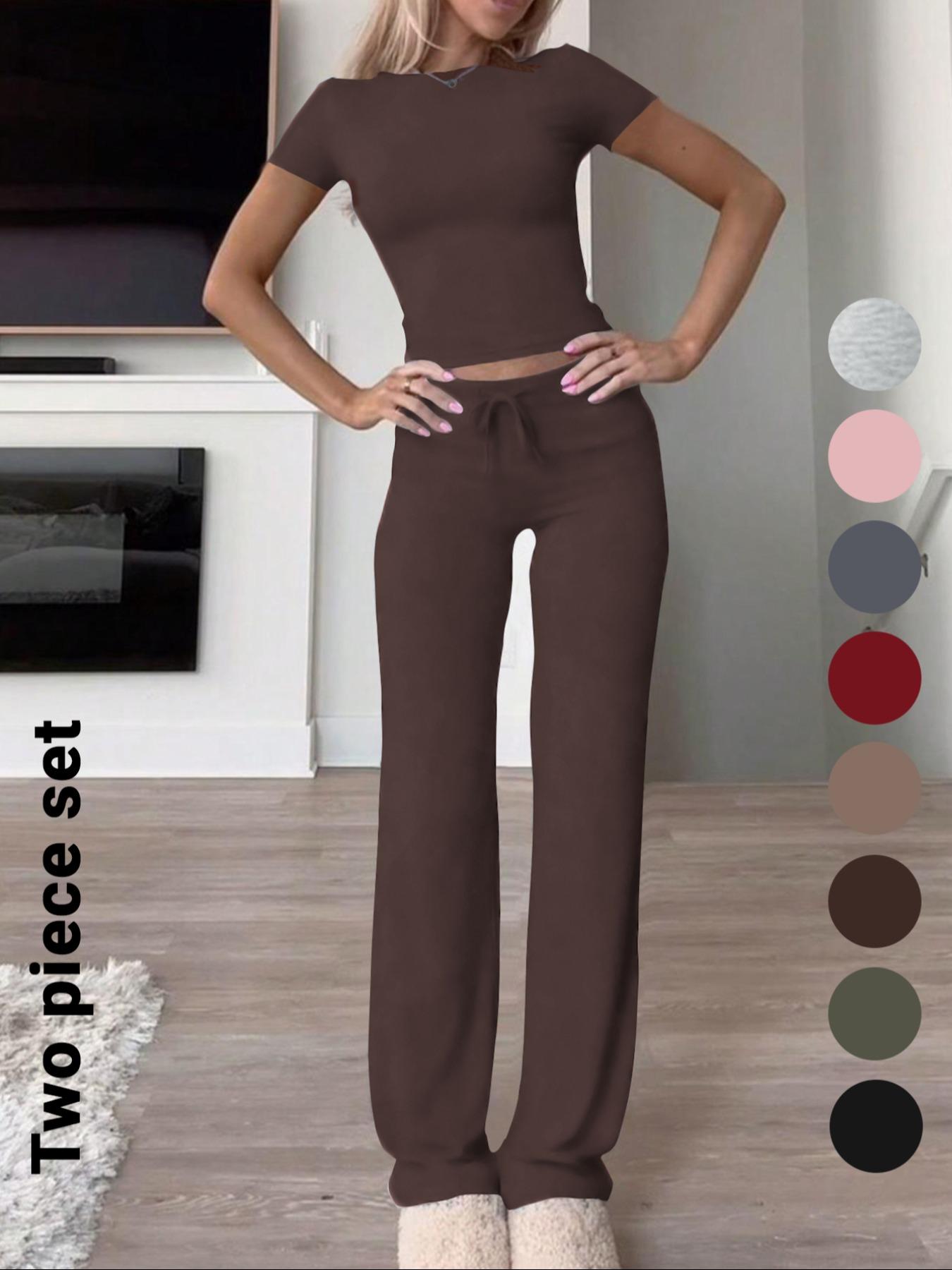 Women's Solid Short Sleeve Two-piece Set, Casual Round Neck Crop Tee & Drawstring High Waist Trousers for Daily Wear, Ladies Summer Clothes