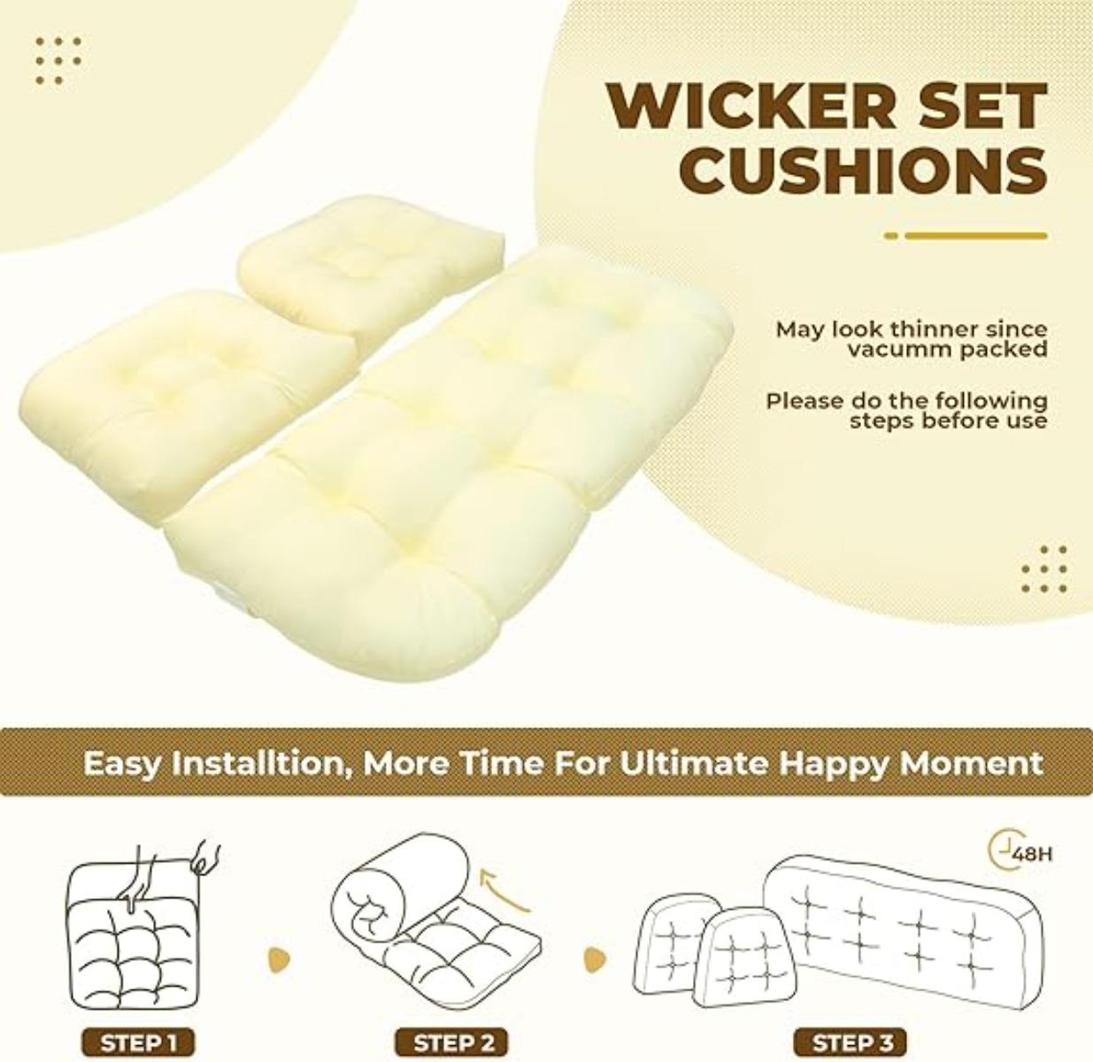 Collection 3 Pieces Rattan Cushions Replacement Cushion Set for Outdoor Furniture Patio Sofa Garden chair - Water Resistant, Lightweight and Durable (Beige)