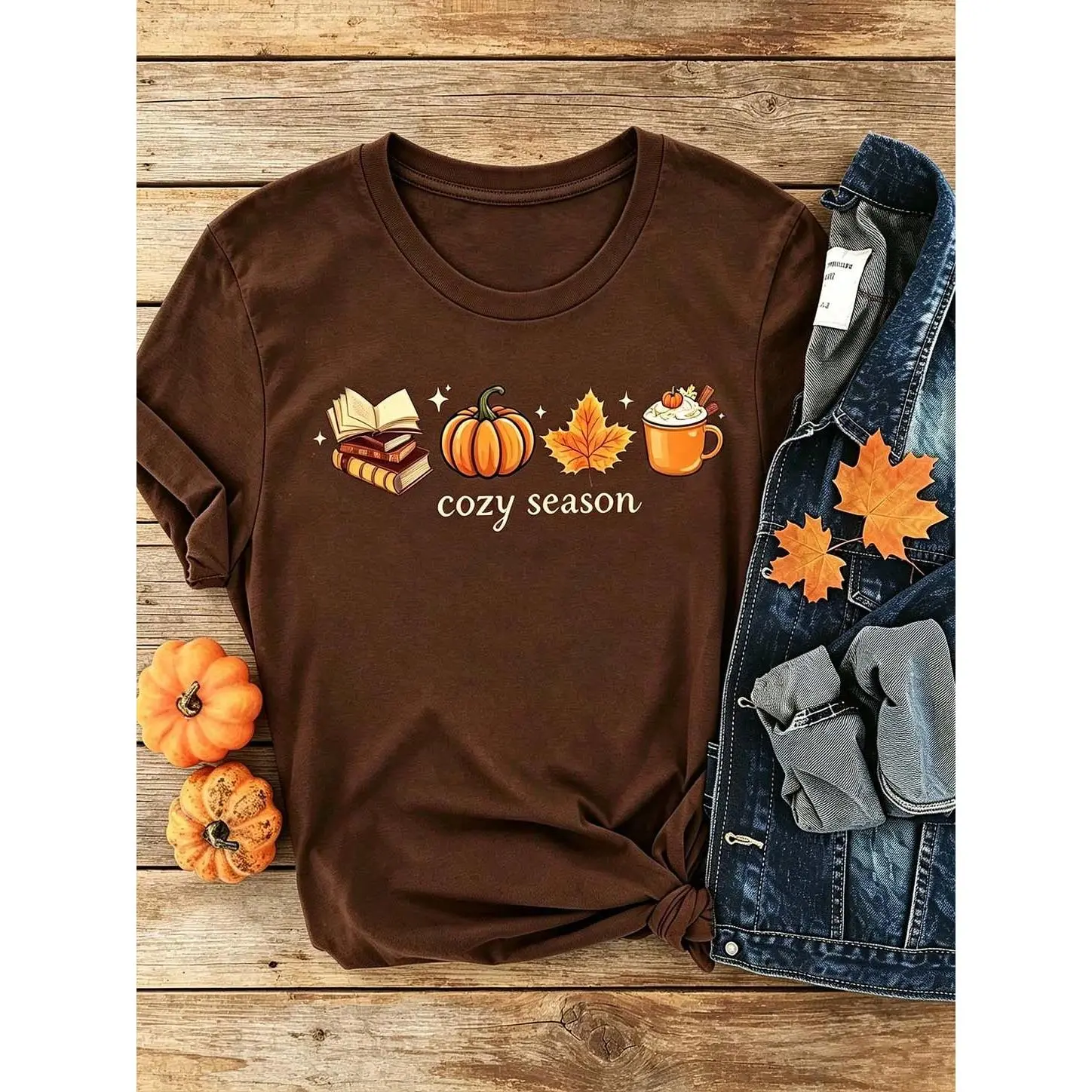 Women's Cotton Fabric Printed Casual Wear Short-Sleeve Round-Neck Brown Graphic Tee, 1-Piece Fall Halloween Casual Sports Top