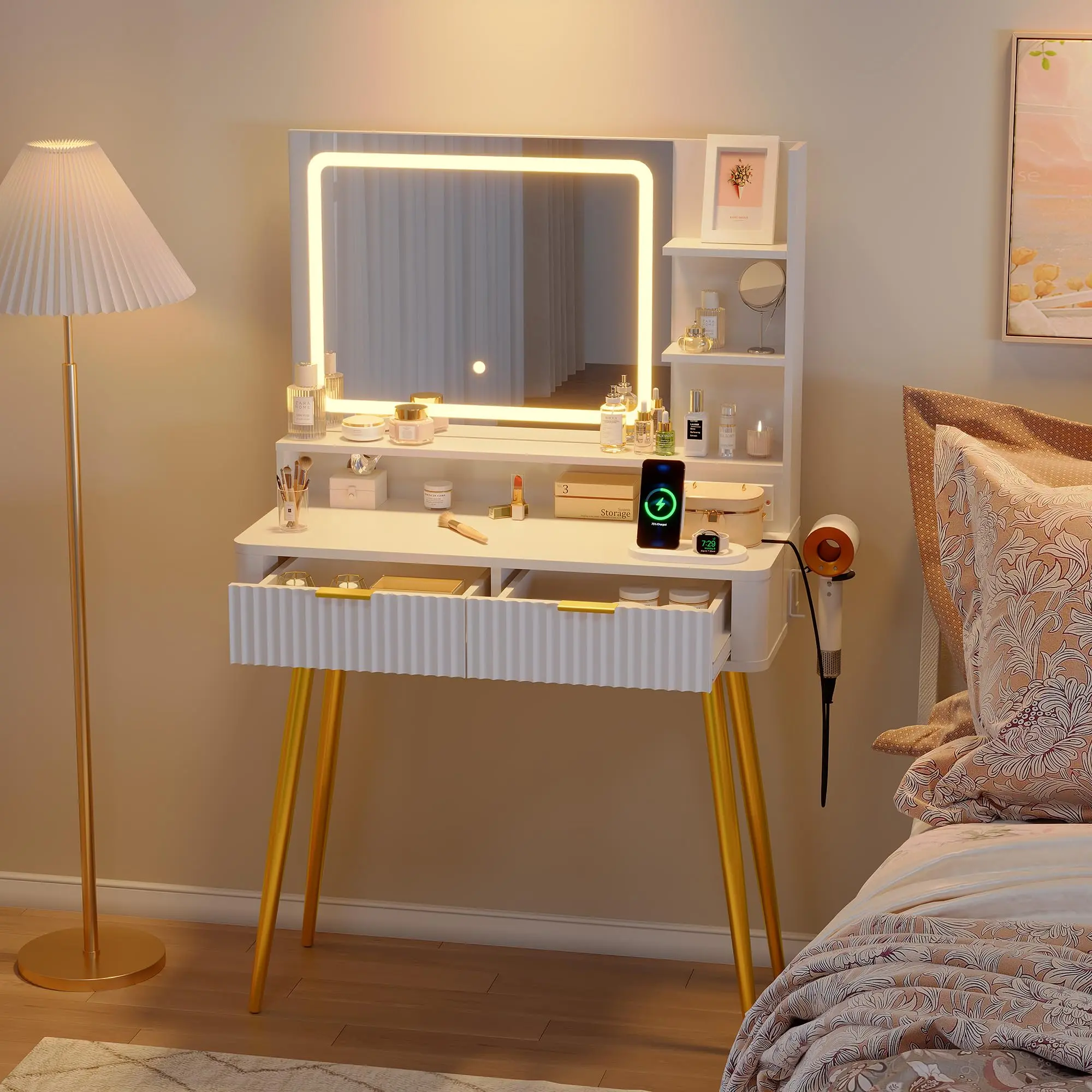 Modern Fluted Vanity Desk with Mirror and LED Lights, 3 Color Modes, 2 Drawers and Storage Shelves, Built-in Charging Station, Compact Bedroom Makeup Table, 31.5 Inch Natural Wood