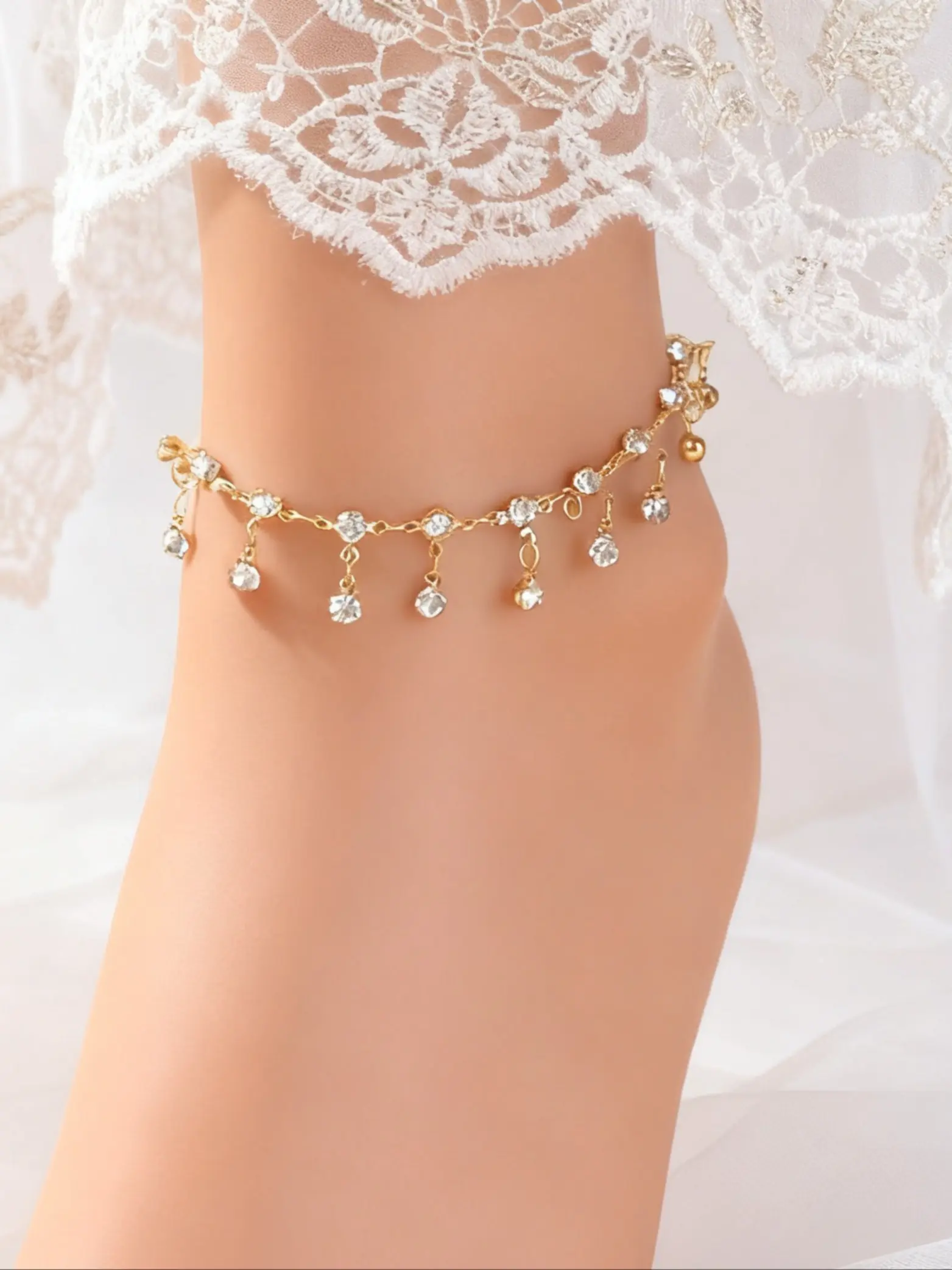 Women Gold Dainty Rhinestone Anklet, Dangling Crystal Bell Tassel Foot Chain, Bridal Wedding Beach Vacation Party Foot Jewelry