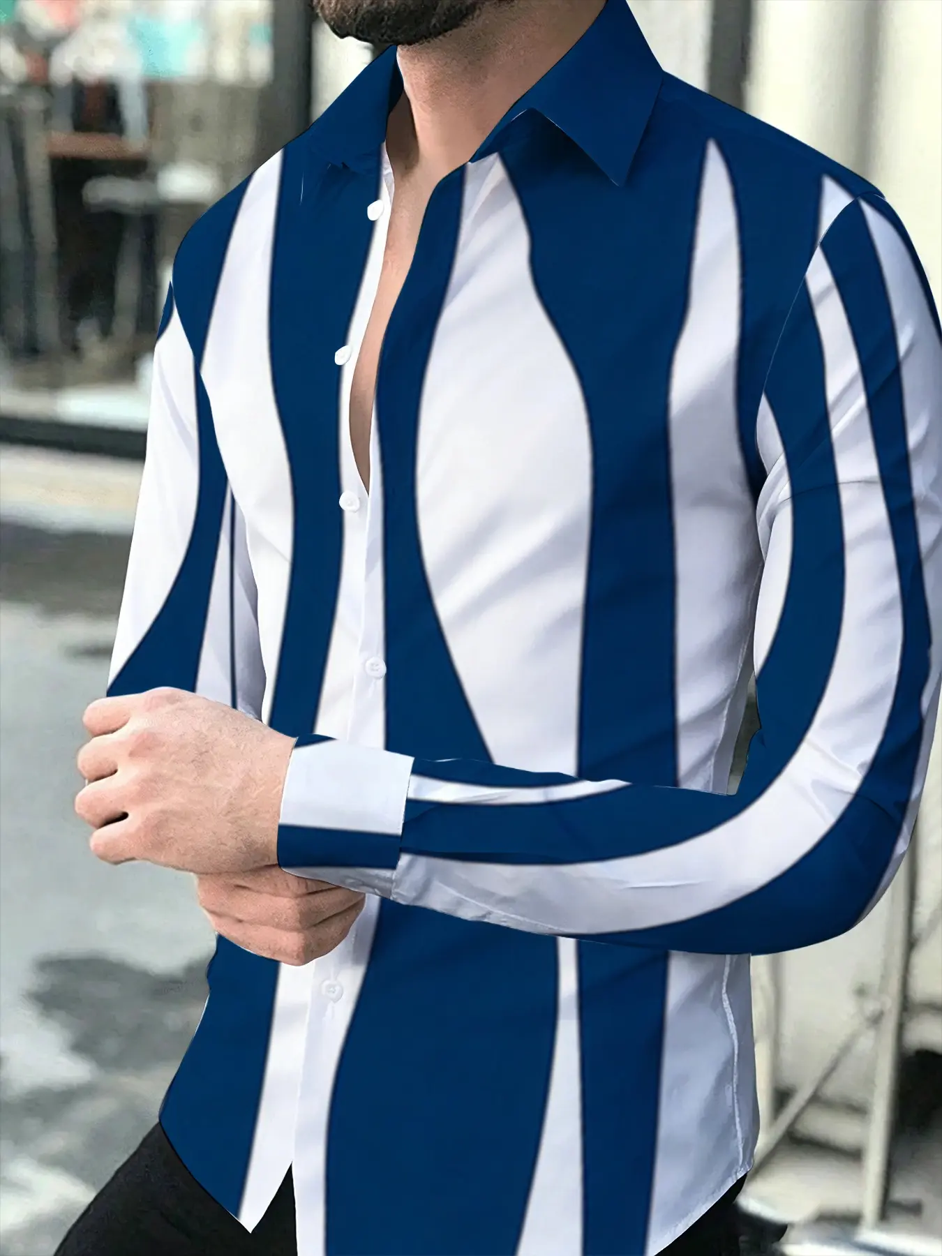 Men's Fashion Blue And White Striped Long Sleeve Shirt Business Casual Trend Slim Fit Versatile Lapel Button Design Top Spring New Stylish Striped Blouse Suitable for leisure and sports scenarios