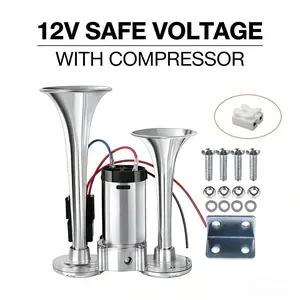 12V Loud Dual Trumpet Automotive Air Horn Kit - 135dB Max Electric Horn with Built-in Compressor, Universal Vehicle Warning System Upgrade for Trucks, Cars