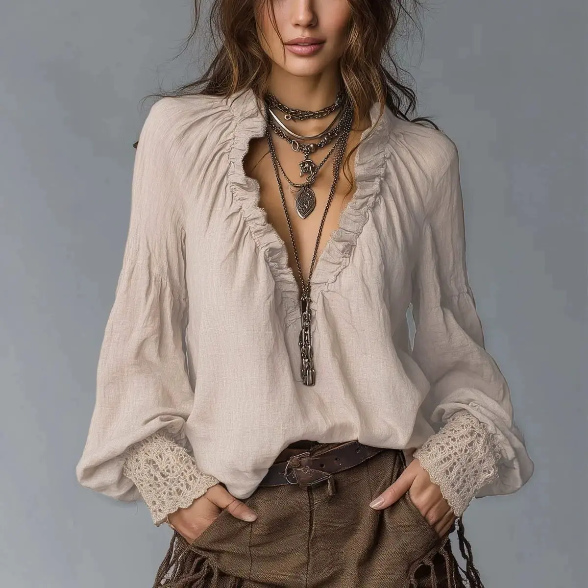 2026 Women Vintage Ruffled Long Sleeve Blouse, V Neck Lace Lantern Sleeve Ruched Tops, Loose Fit Casual Shirts for European American