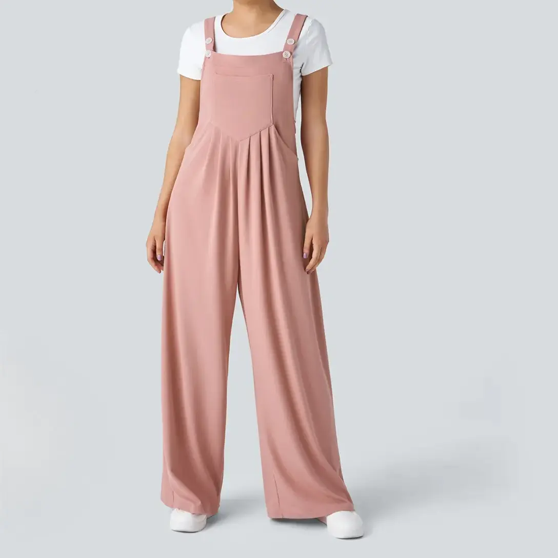 Women's Wide Leg Overalls Jumpsuit, Loose Fit Pink Bib Overall with Front Pocket, Button Strap Sleeveless One Piece Romper, Flowy Baggy Long Pants for Ladies, Everyday Casual Layering Outfit for Travel, Work, School, Weekends, Spring, Summer and Fall