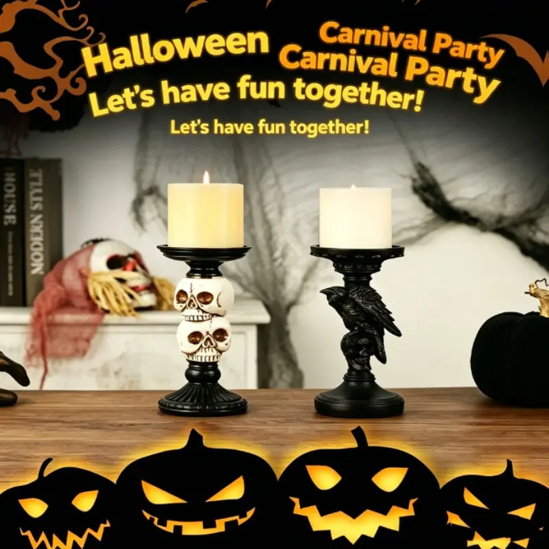 1pc Horror Skull Crow Resin Candle Holder, Halloween Party Decor, Funny Gathering Atmosphere, Home Desk Decoration, Halloween Ornament, Candlestick Holders