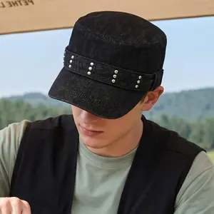 Main Character Energy Washed Black Denim Cadet Hat Punk Studded Flat Top Military Cap Y2K Viral Effortless Glamour Baddie Aesthetic Streetwear Adjustable Hat