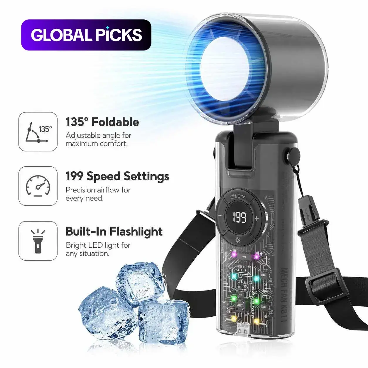 Portable Handheld Turbo Fan, USB-C Rechargeable Fan with LED Display, 135° Foldable, 199-Speed 5-in-1 Multifunctional Cooling Fan for Summer, Concerts and Outdoor Use (Cooling and Normal Modes) Personal Cooling Fans