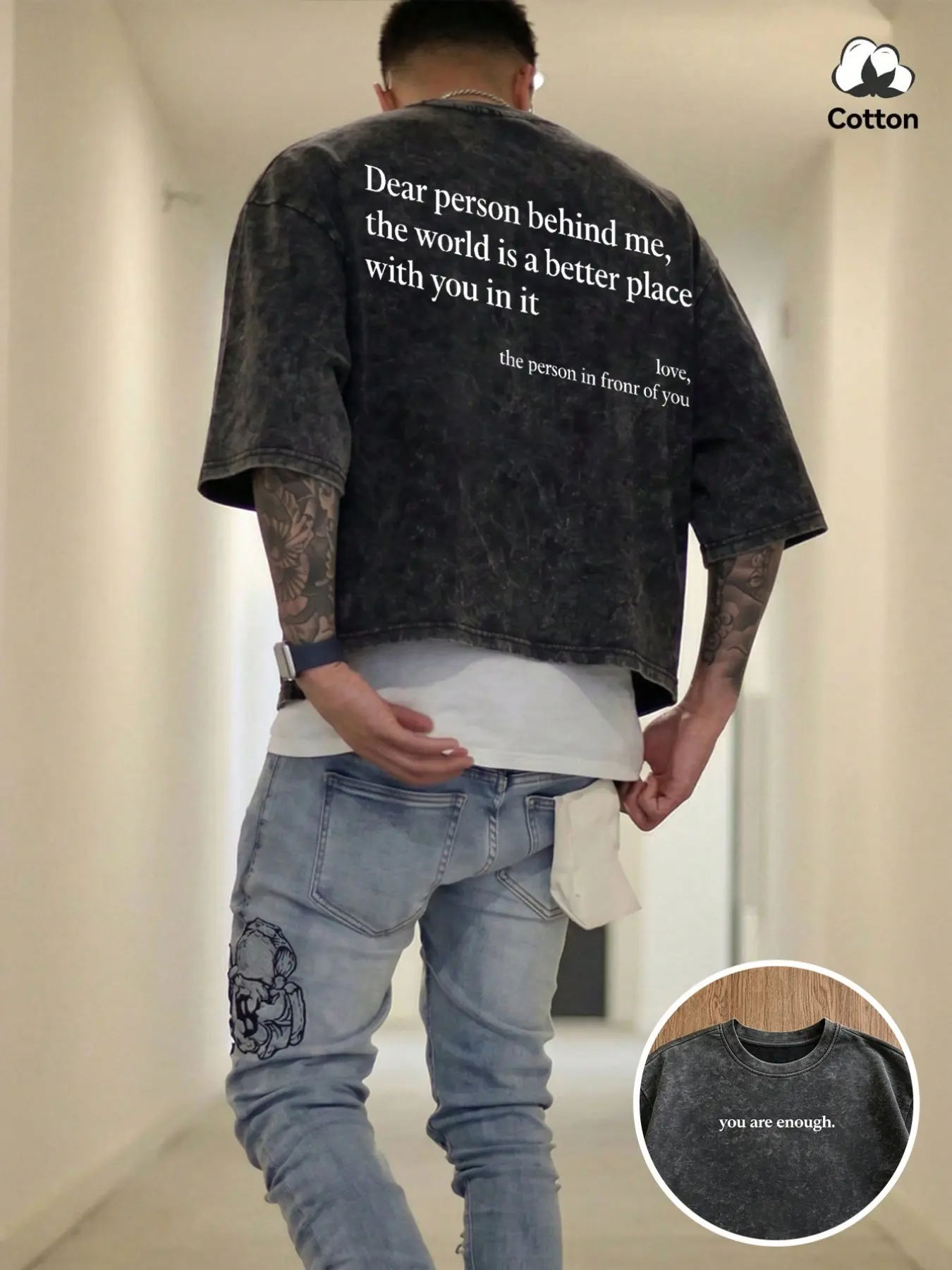 Men's Washed Distressed Cotton T-Shirt, Boxy Cropped Fit, Heavyweight Fabric, Minimalist Slogan Graphic, Tee for Casual Wear, Commuting and Streetwear