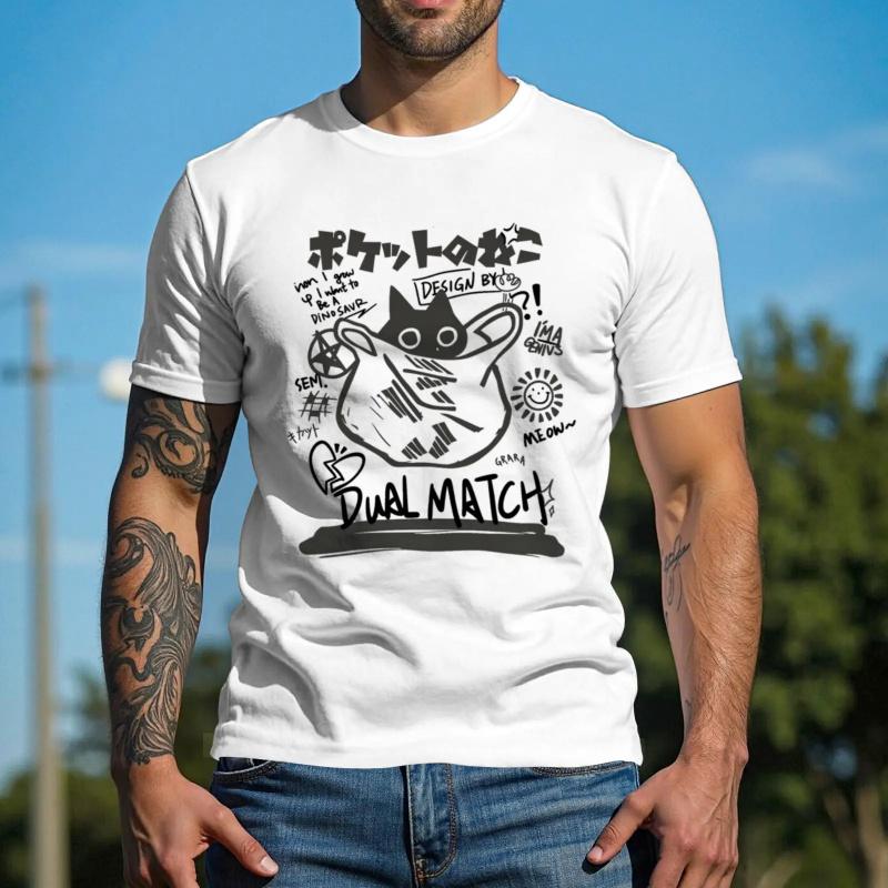 Summer Japanese Retro Pocket Cat Cartoon Printed Short Sleeve T-shirt Male Female Couples Unisex College Style Oversized Top