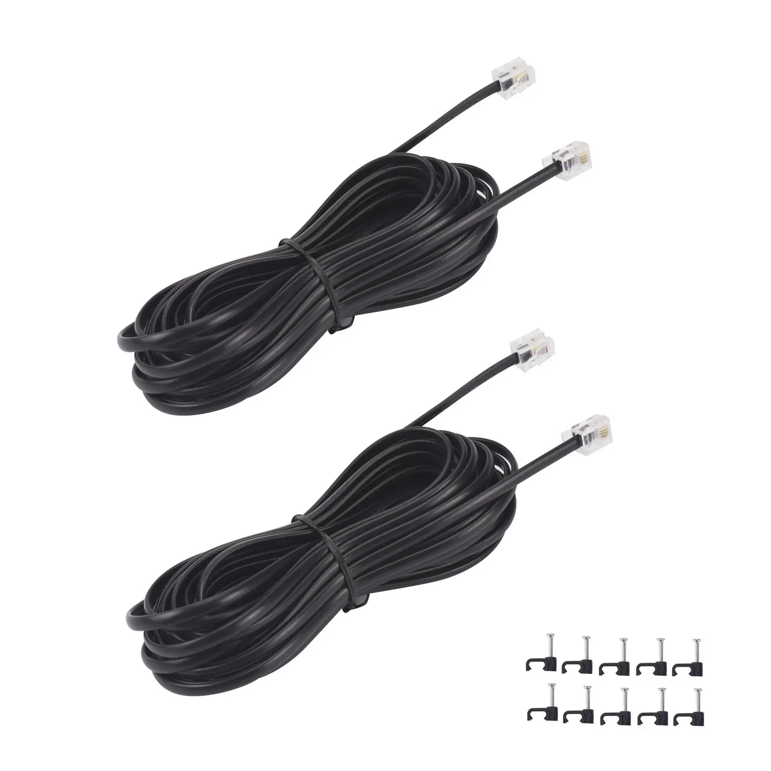 15FT Telephone Extension Cord , Landline Phone Line Wire with RJ11 6P4C Plugs, Includes  Clips - Black - 2 Pack
