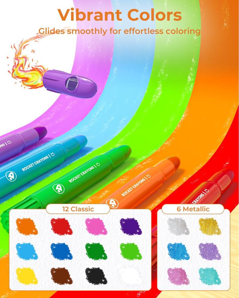 24/18/12Colors Twist Rocket Crayons for Toddlers, Non-Toxic Washable Crayons with Storage Bucket, Ultra-Smooth and Easy to Hold Art Supplies for Toddlers and Preschool Kids age 1-3 2-4 4-8 ,Colorful Precision Pens , markers for coloring