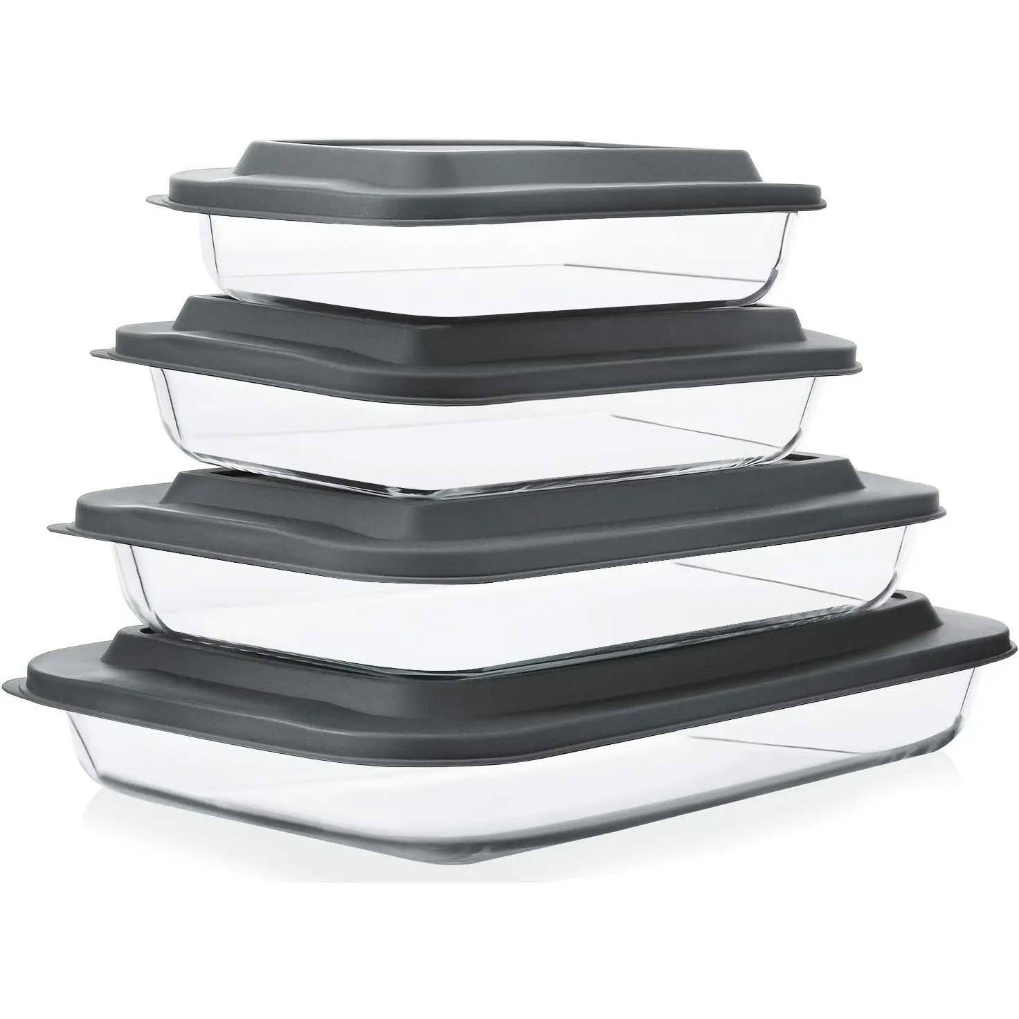 Rectangular Glass Bakeware Set with Gray Plastic Lids - Deep, Dishwasher-Safe Baking Pans for Cooking, Lasagna, Leftovers