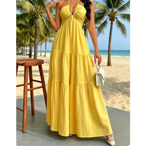 Women's Solid Wrap Halter Maxi Dress, Lightweight Backless Ruffle Gown with Adjustable Tie for Vacation & Wedding, Breathable, Sleeveless, Soft, Skirt, Polyester, Tie Neck, Tank Top, Fabric