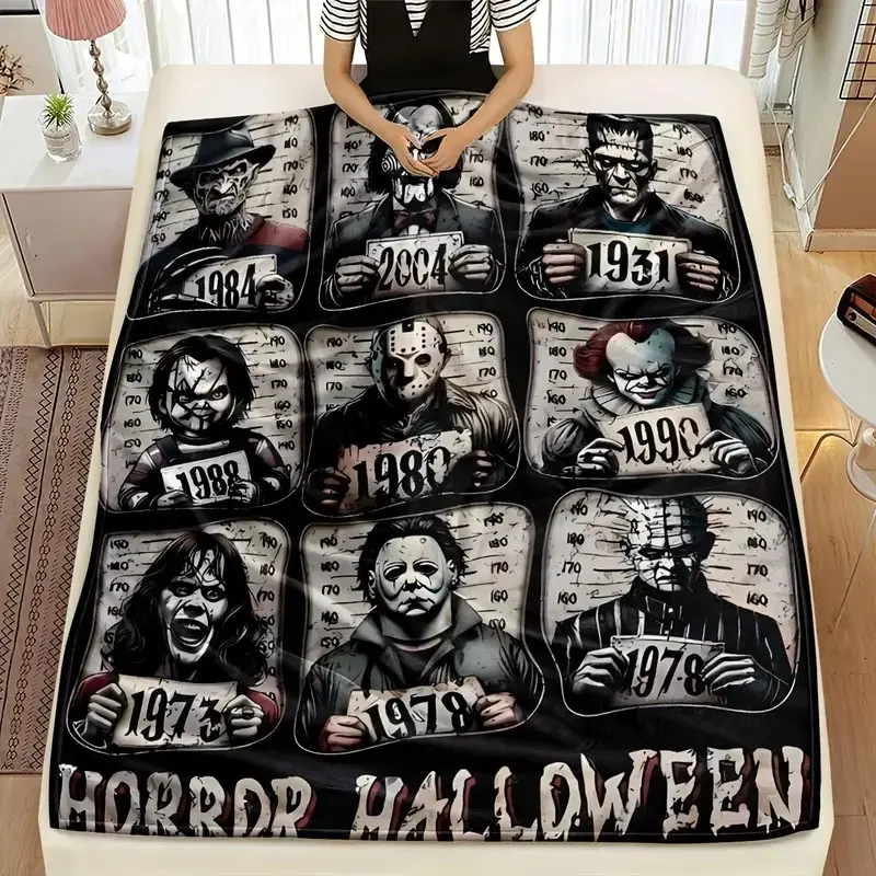 Soft Cozy Flannel Throw Horror Movie Blanket, Perfect for Home Office Picnic Decoration, Halloween Gift Blanket, 1pc Jit Blanket