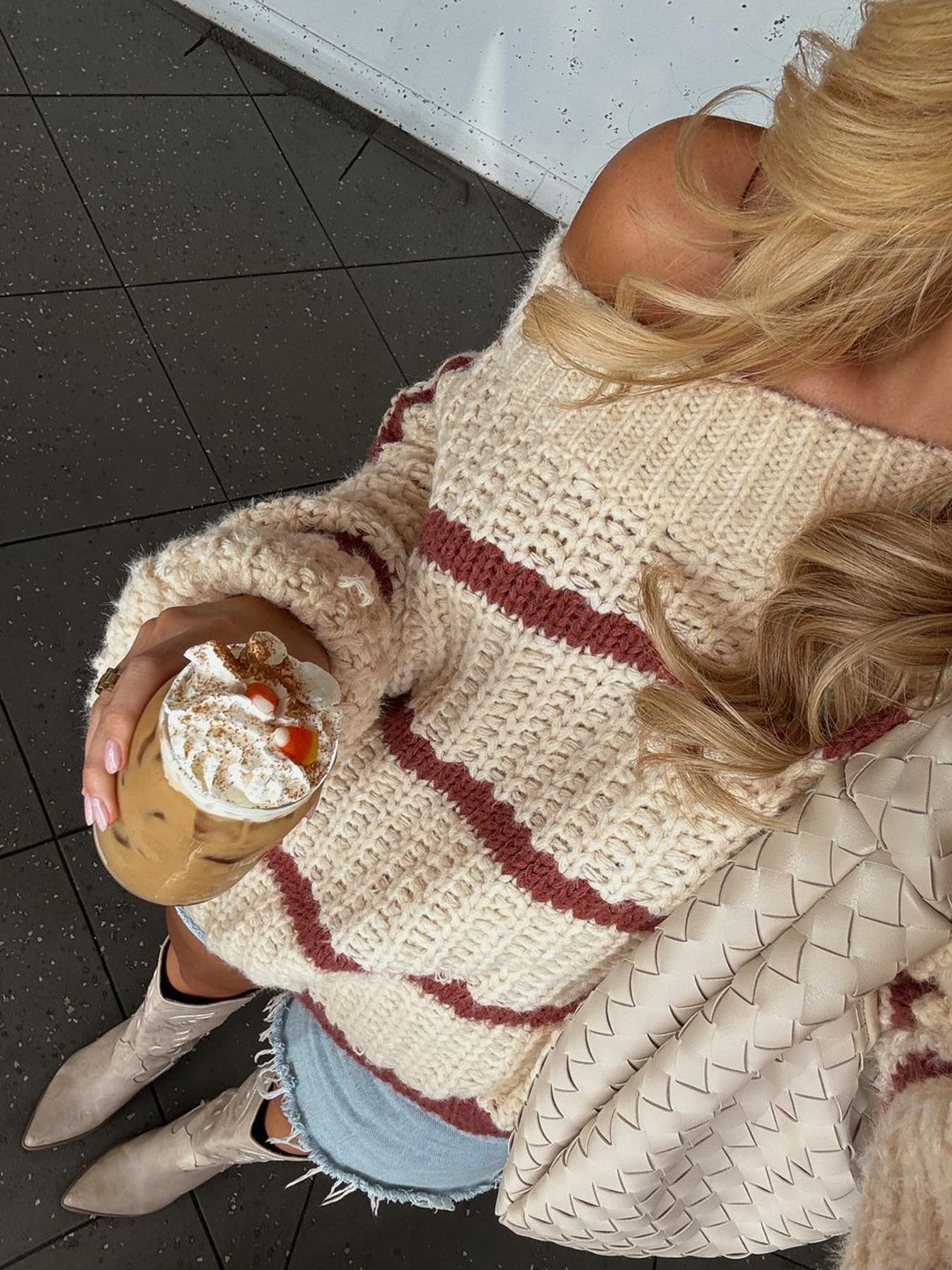 Women's Asymmetrical Neckline Colorblock Striped Lantern Sleeve Sweater, Casual Loose-Fit Knitted Pullover Knitwear for Fall & Winter