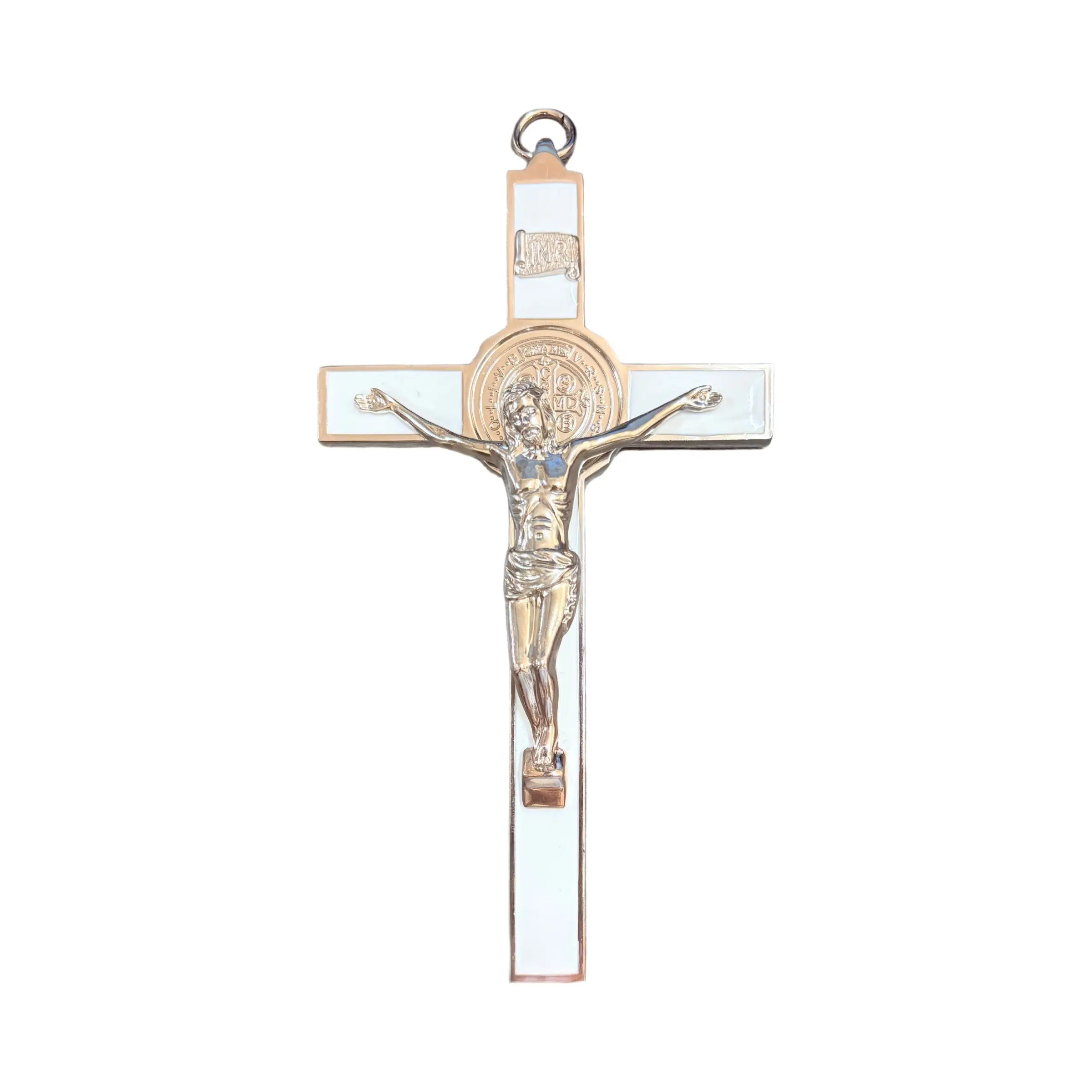 6.89 Inch Saint Benedict Wall Crucifix, White Enamel Inlay Jesus Christ Cross, Metal Hanging Crucifix Ornament, Catholic Religious Wall Decor for Home Chapel Church, Christian Baptism Confirmation Religious Gift