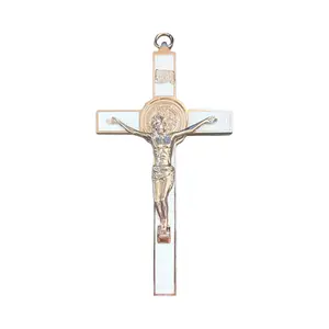 6.89 Inch Saint Benedict Wall Crucifix, White Enamel Inlay Jesus Christ Cross, Metal Hanging Crucifix Ornament, Catholic Religious Wall Decor for Home Chapel Church, Christian Baptism Confirmation Religious Gift