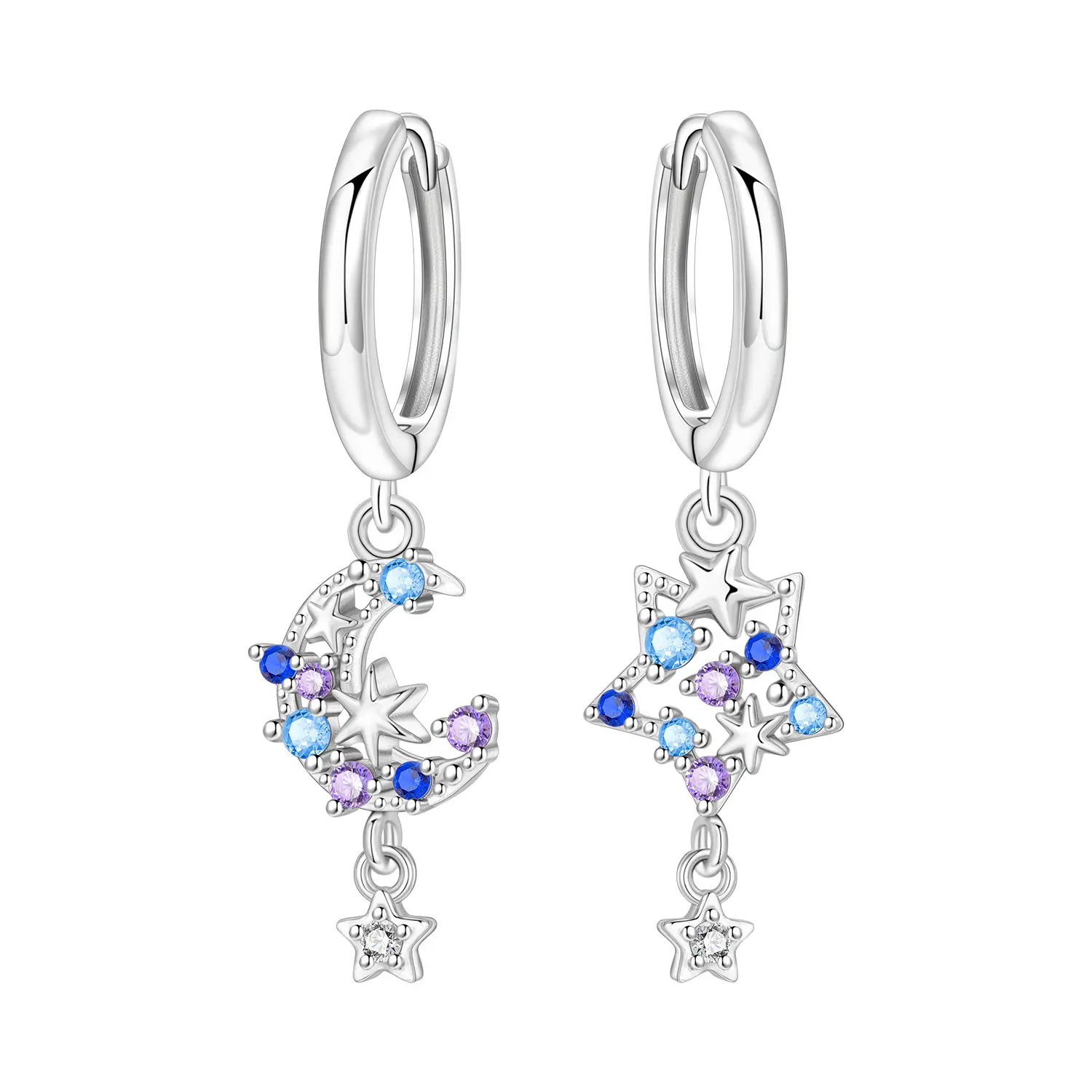 Celestial Moon Star Hoop Earrings for Women, Silver Tone Asymmetrical Drop Earrings with Blue Purple CZ Stones, Y2K Galaxy Dangle Earrings, Dreamy Star Charm Fashion Jewelry