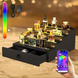 RGB LED Lighting Perfume & Cologne Organizer for Men with APP, Beat Sync LED, Cologne Stand Shelf, 4-Tier Black Wood, Gift for Men,Includes 12V Adapter for Use (black)