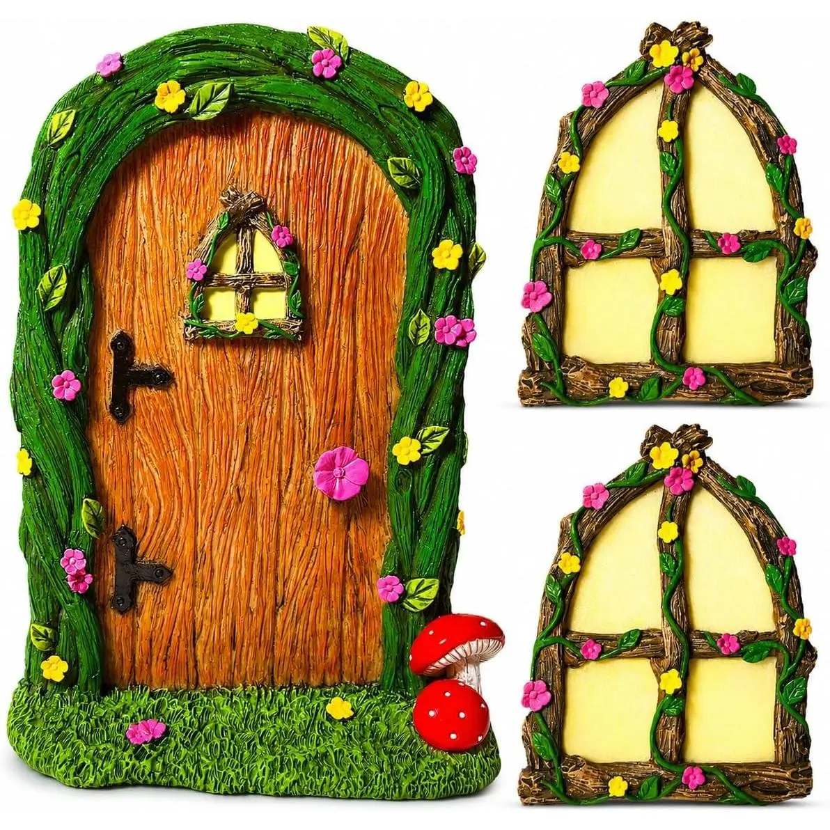 Fairy Garden Decor Door and Window Set, 3-Piece Glow in the Dark Tree and Garden Decor, Accessories for Indoor and Outdoor Use