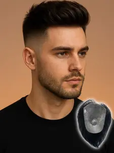 Men'S Human Hair Top Toupee, Pu Base, Back Comb Styling Wig Replacement System, V-Looped Wrap-Around Realistic Bionic Scalp, Suitable For Men With Thinning Hair.