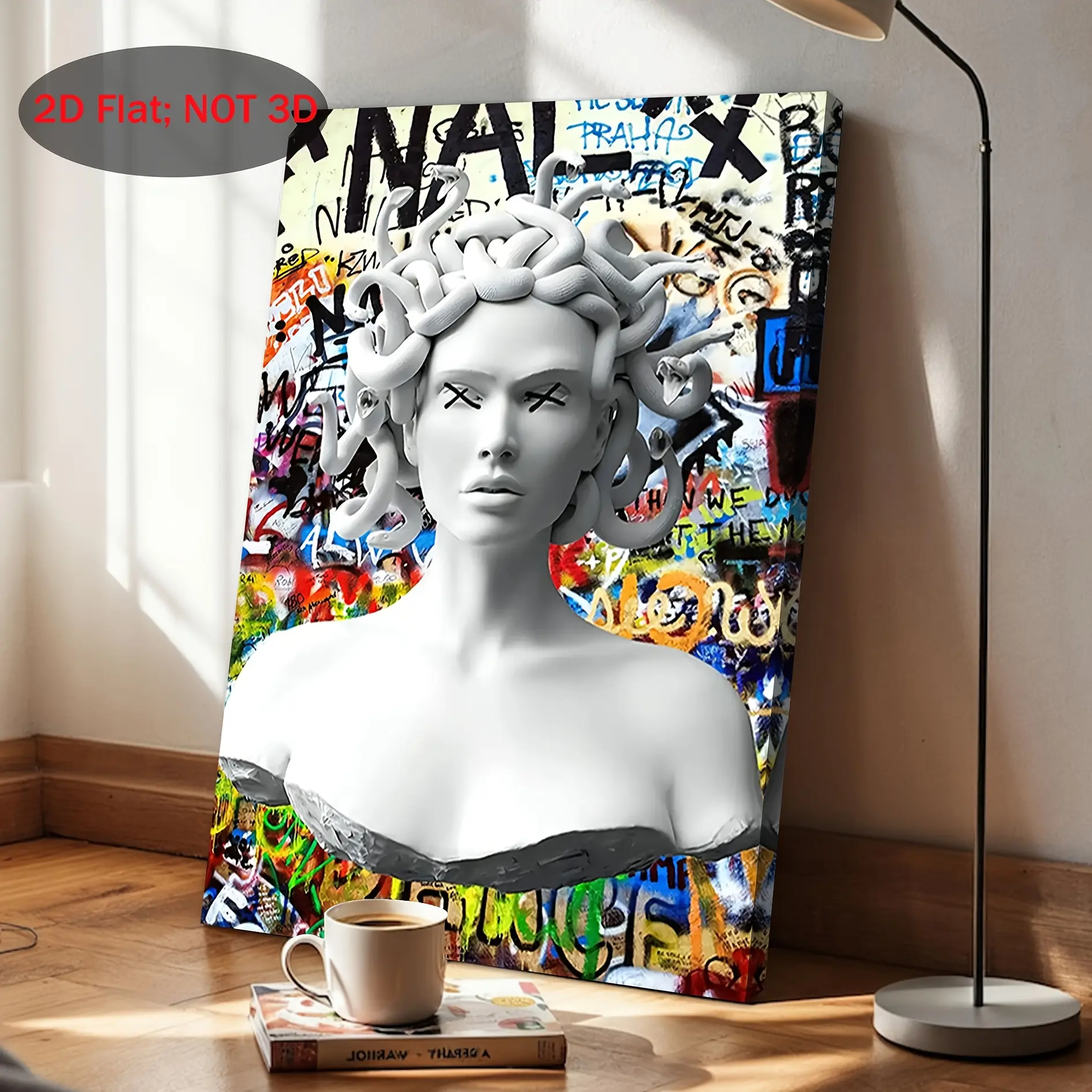 Graffiti-Style Medusa Head 2D Artistic Flat Canvas Print - Minimalist Hanging Home Decor, Wood-Mounted Wall Art for Holiday Gifts to Family Members