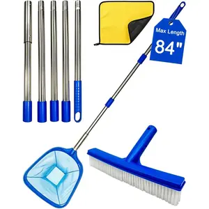 Swimming Pool Cleaning Kit - 84" Extra-Long Telescopic  Pole with 10" Agile Algae Brush & Fine Mesh Skimmer Net - -Anywhere Maintenance Set for Above Ground Pools, Spas & Hot Tubs, Blue