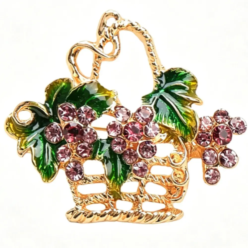 Gold Woven Fruit Basket Brooch Green Enamel Leaf Pink Purple Rhinestone Grape Farm Style Lapel Pin Suit Coat Jewelry Gift