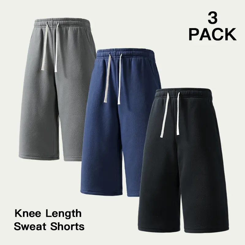 Men's 3 Pack Cotton-Blend Sweat Shorts, Casual Loose-Fit Knee-Length Short Pants with Drawstring & Pockets for Lounge Wear, Menswear, Casual Wear