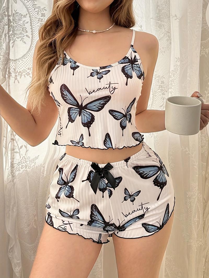 Women's Summer Ice Silk Pajamas Set Butterfly Print Spaghetti Strap Loungewear Set