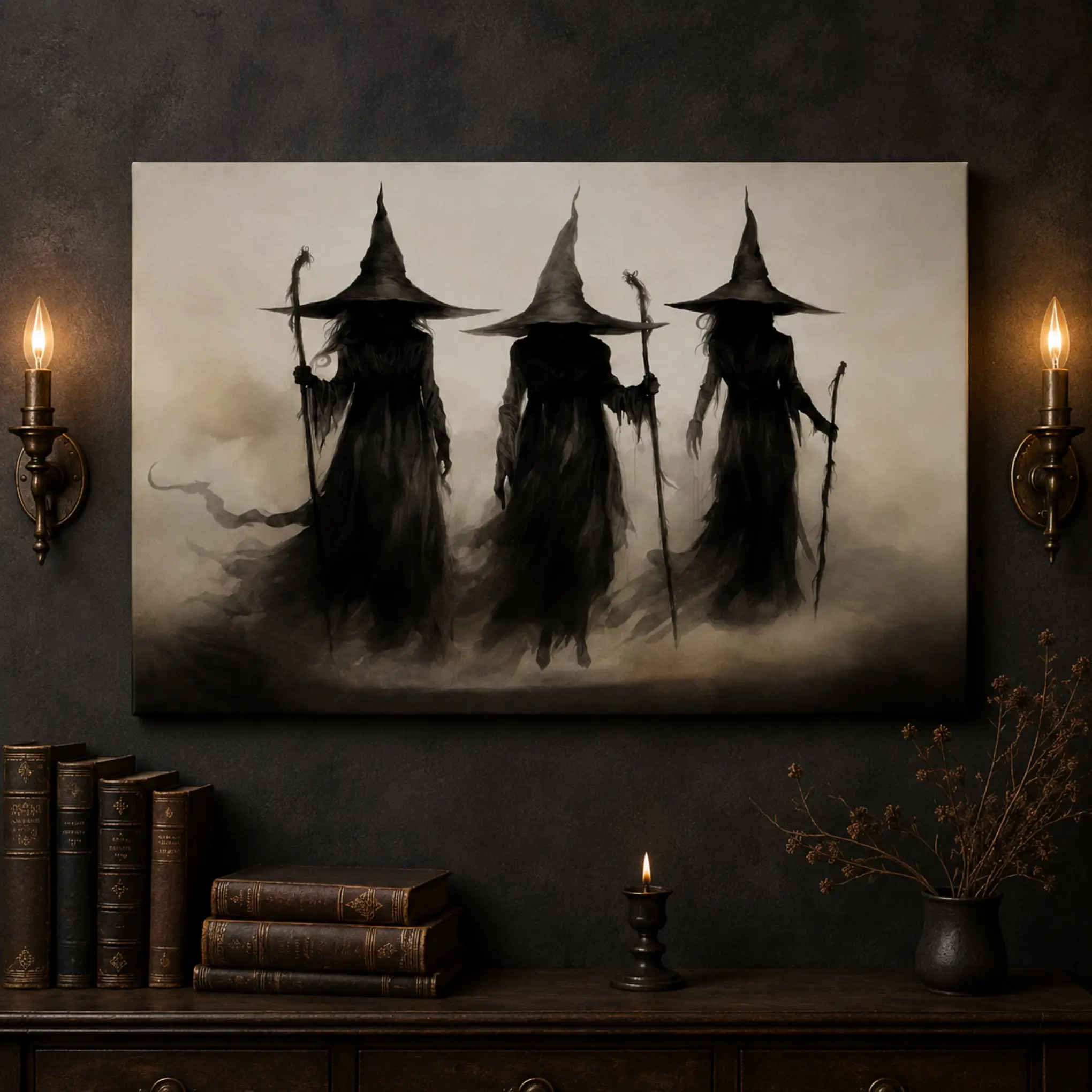 Three Witches Gothic Canvas Wall Art Poster,Dark Fantasy Witch Painting, Vintage Halloween Decor for Living Room Bedroom Witch Room, Spooky Mystical Wall Decor Gift for Witch Lovers
