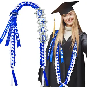 63'' Graduation Lei 2025 Handmade Double Braided Ribbon Necklace with Tassel & Number Patch Class of 2025 Honor Cord Gift Set Money Leis Kit for College Graduation Party(Blue,White) Photo Accessory scene accessories