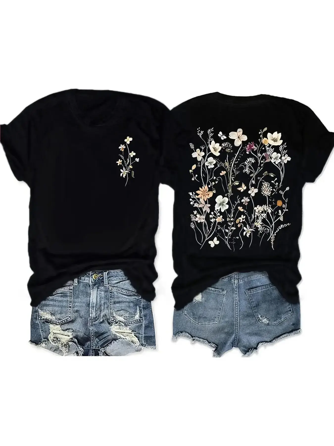 Boho Floral Print T-Shirt for Women, Vintage Style Summer Casual Top, Round Neck Short Sleeve, Comfortable Breathable Fit