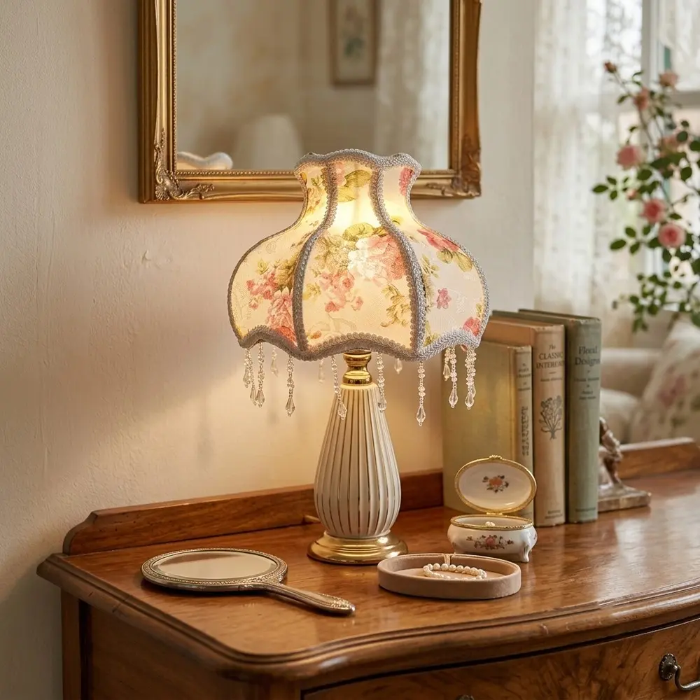Vintage Floral Beaded Fringe Lampshade, Lace Rose Lampshade, Romantic Princess Style, Small Desk Lamp Shade, Bedroom Decor