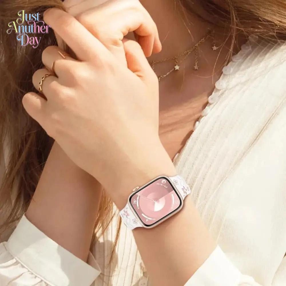 Floral Engraved Silicone Apple Watch Band – Cute Sport Strap (38–49mm, Series & Ultra)