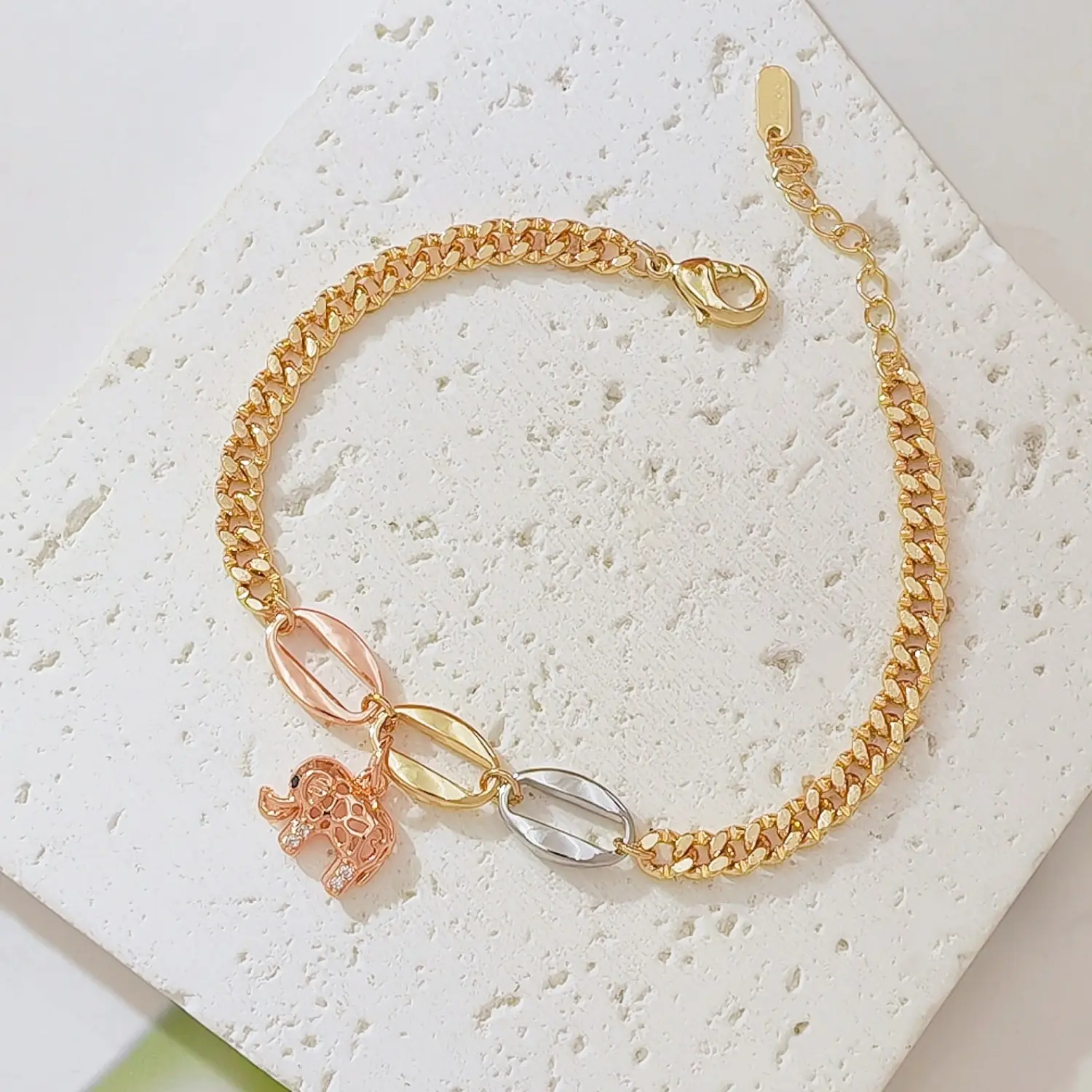 Women's Lucky Elephant Charm Bracelet, Tri-Color Gold Silver Rose Cuban Link Chain, Dainty Rhinestone Animal Pendant Anklet, Aesthetic Boho Summer Beach Jewelry, Elegant Birthday Christmas Gift for Her