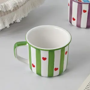 Hand-Painted Striped Ceramic Mug, 400ML Large Capacity, Heart Design, Breakfast Milk Cup, Afternoon Tea Cup, Reusable, Ideal Gift