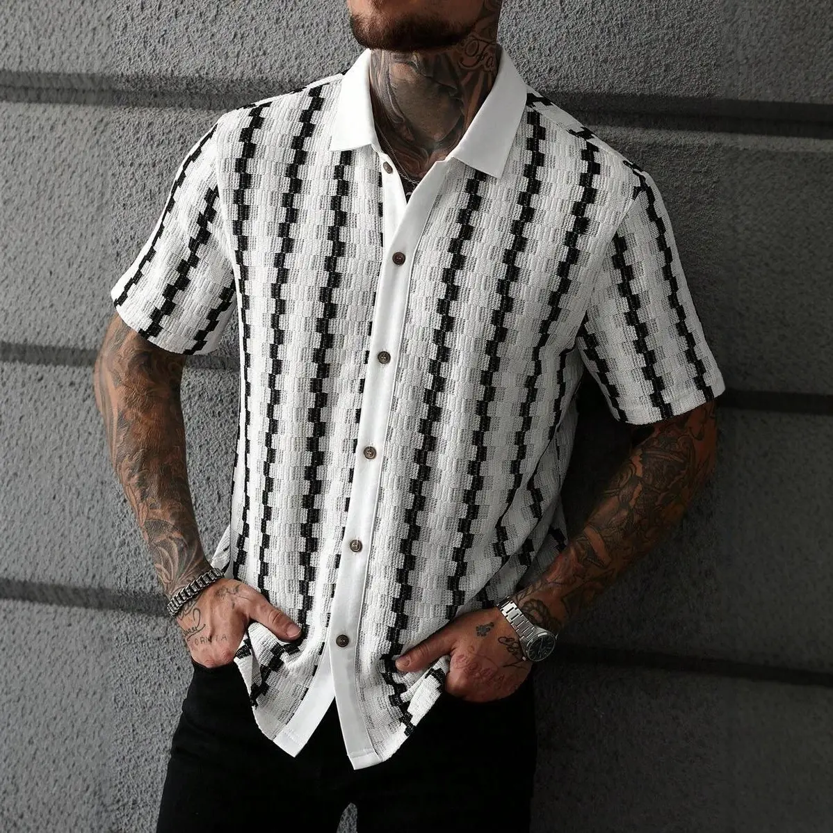 Men's Vintage Camp Collar Shirt, Striped Textured Waffle Short Sleeve Button-Up, Loose Fit Summer Beach Top, Shortsleeve, Breathable, Streetwear, Breathable Waffle, Striped Plaid, Menswear, Casual