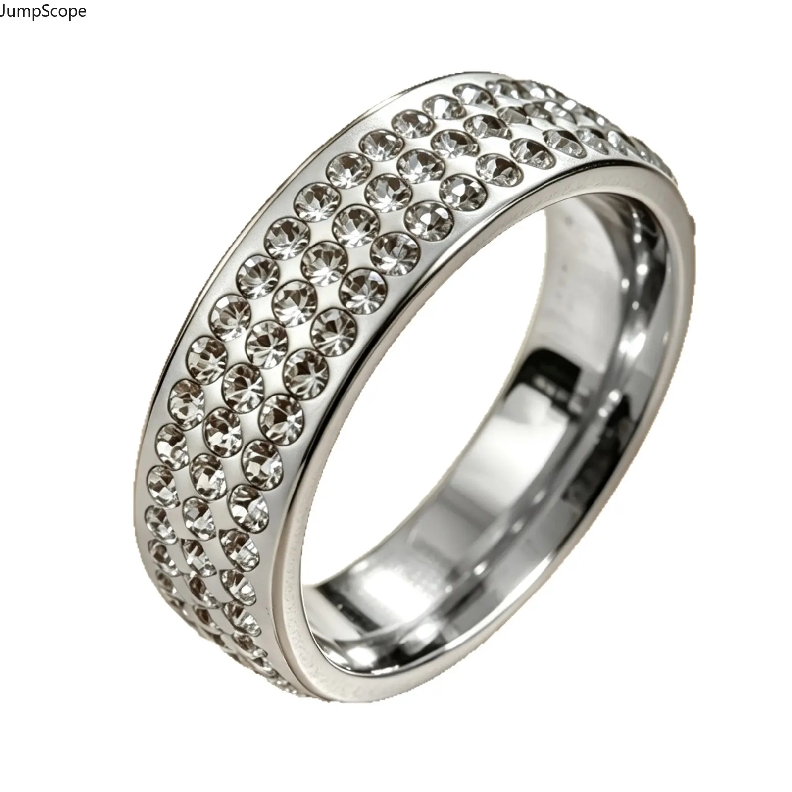 3-Row Full Pave Cubic Zirconia Silver Dome Band Ring - Solid 316L Stainless Steel Unisex Stackable Matching Wedding Jewelry for Daily Leisure & Indoor Recreation Use