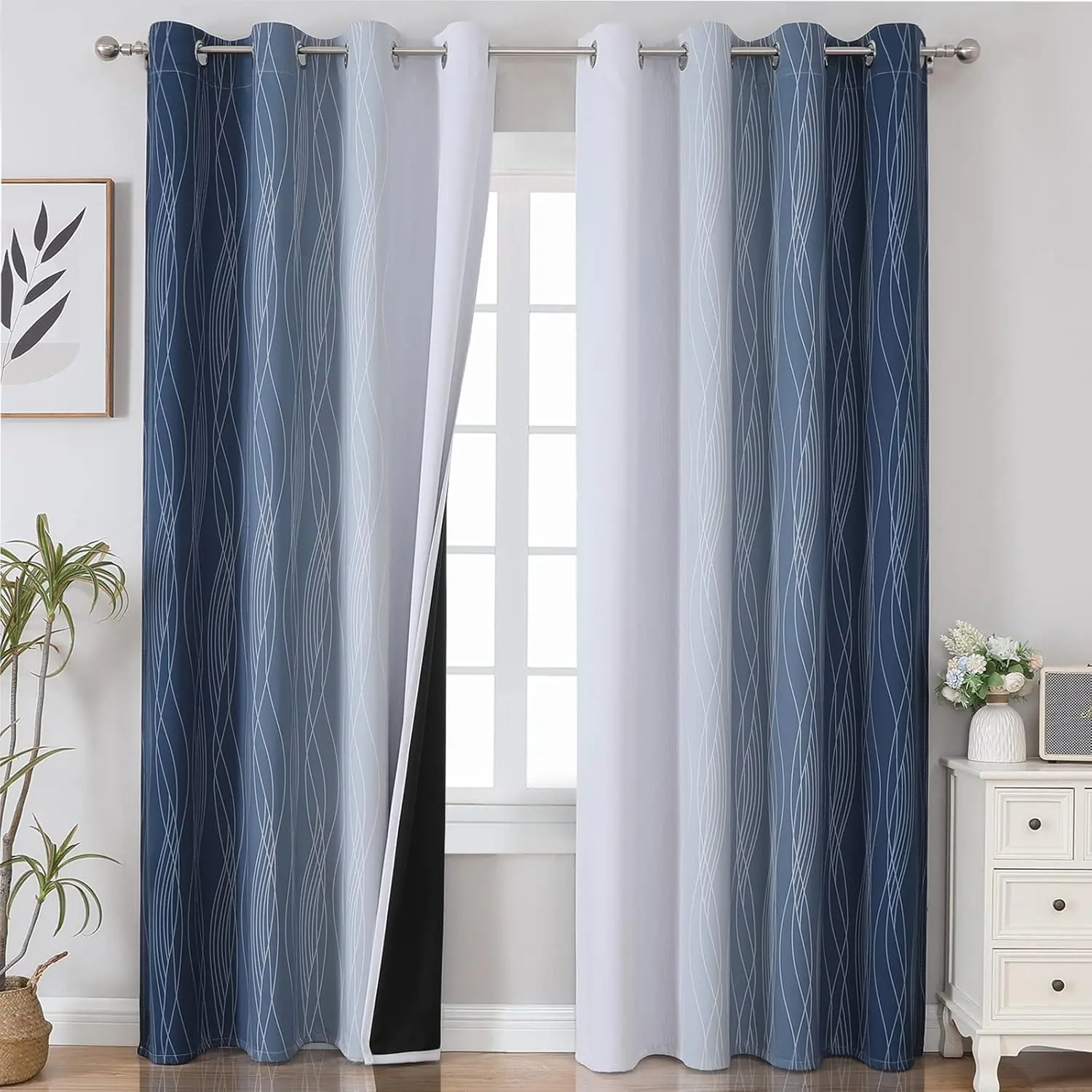 Navy Blue & Greyish White Polyester Blackout Block Curtains - 52Wx84L, 2 Panels, Grommet Top, Thermal Ombre Effect Drapes for Bedroom, Living Room, Room Darkening