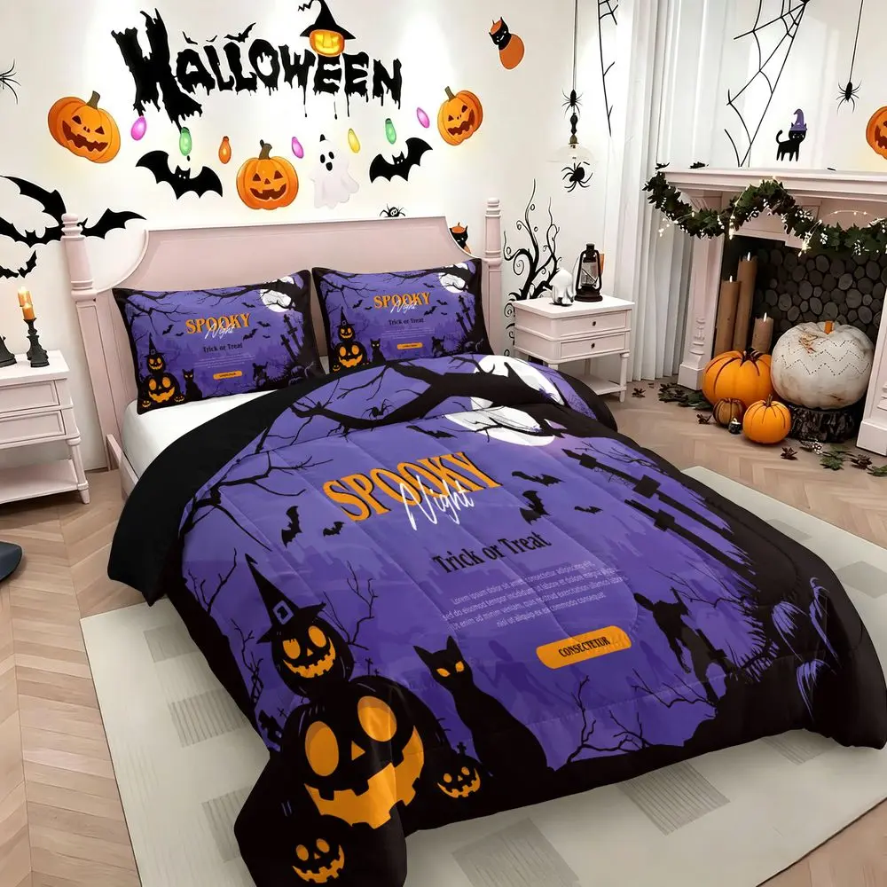 2/3Pcs Spooky Halloween Bedding Set, Purple Moon Pumpkin Quilt Set, Gothic Theme Comforter Set with Pillowcase, Soft Lightweight Bedspread for Kids Adults Bedroom Decor No Pillow Core