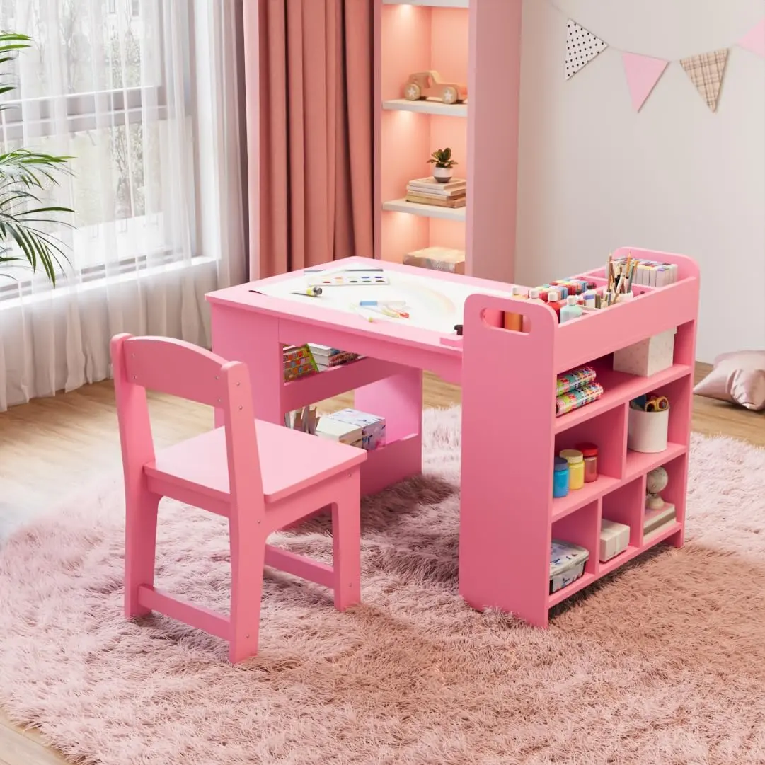 49 in Kids Art Table, Large Kids Craft Table with 2 Chairs, Multi-Functional Art Desk with Storage Shelves for Children Room, Kindergarten, Playroom,School