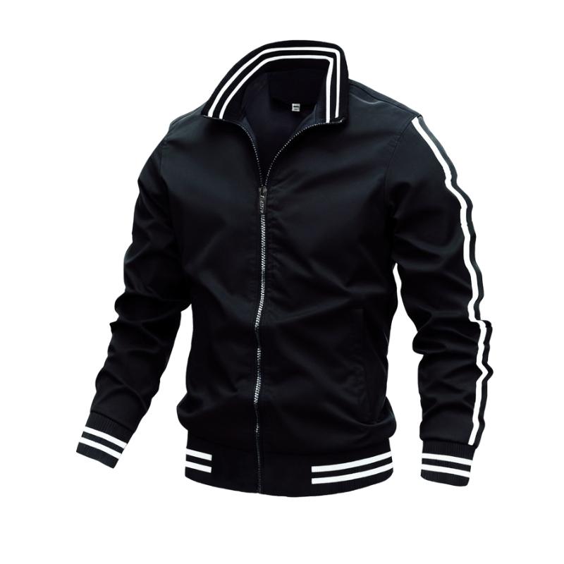 Men's Sporty Zip-Up Jacket with Stand Collar Stripe Accents Full-Zip Woven Shell Practical Side Pockets Ribbed Cuffs Hem