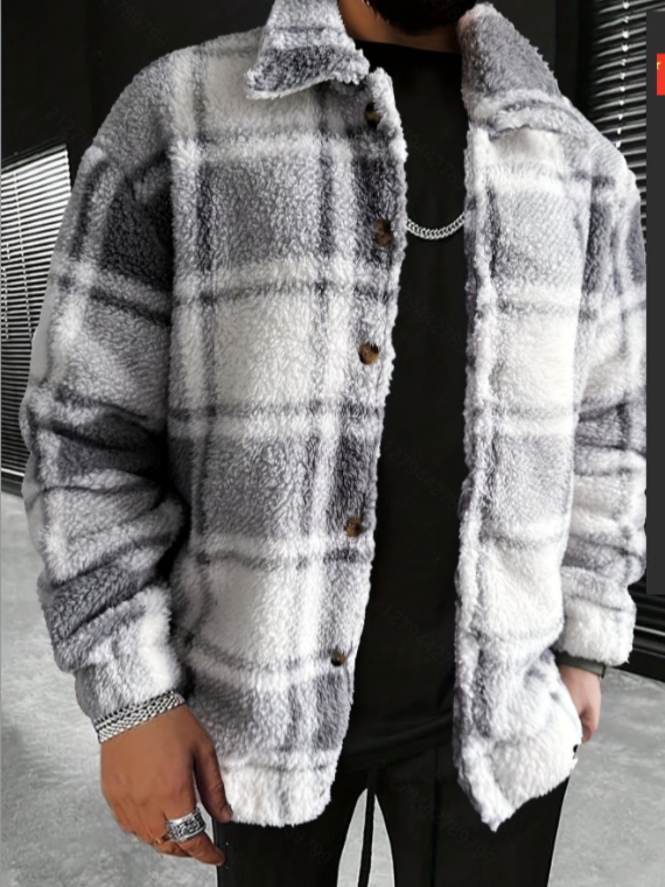 Men's Plaid Print Button Front Drop Shoulder Fuzzy Jacket, Casual Long Sleeve Collared Outerwear for Winter, Men's Clothes for Daily Wear
