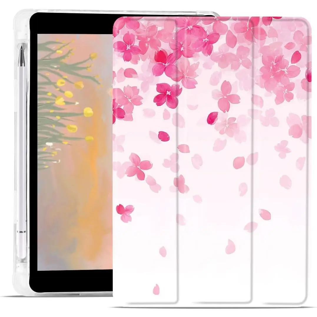 Aesthetic Cherry Blossom Case for iPad mini 7 (A17 Pro) 2024 / iPad mini 6 2021 8.3 Inch Cute Sakura Design Foldable Leather Protective Cover Soft Back with Pencil Holder