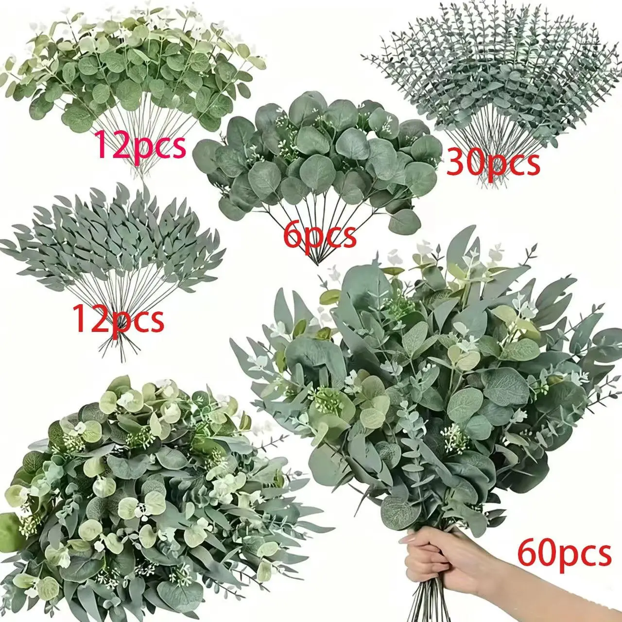 60 Branches Multi-Leaf Artificial Eucalyptus Leaves, DIY Floral Arrangements, Home Outdoor Table Decor, Versatile Holiday Decoration