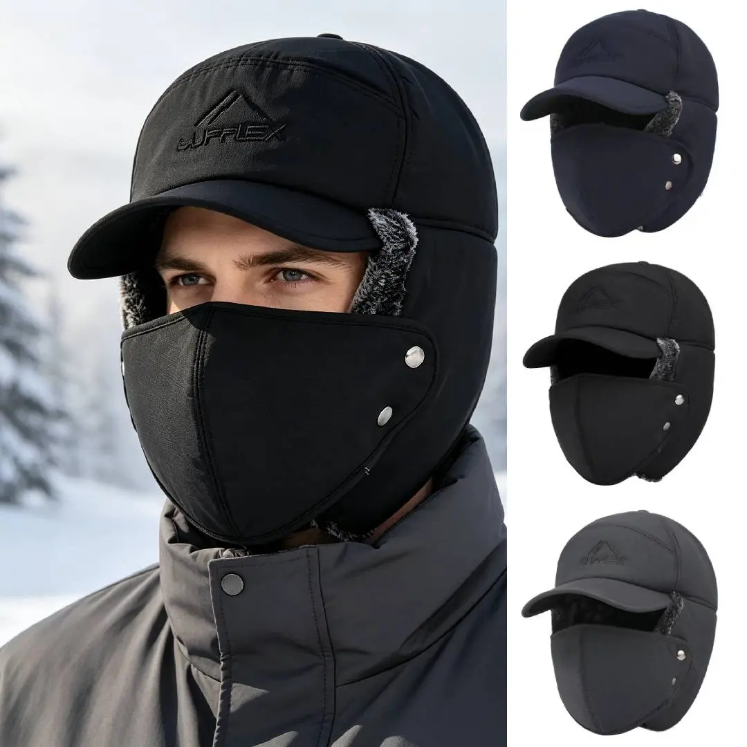 3-in-1 Winter Plush-Lined Trapper Hat, Soft Warm Earflap Cold Weather Hat with Detachable Face Mask, Adjustable Winter Outdoor Hat for Hiking, Skiing and Camping.
